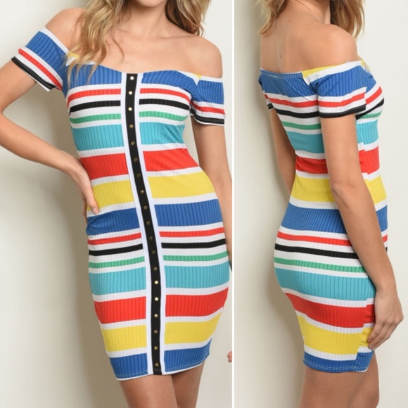 Trend Setter Diva Boutique Dresses & Skirts - GIRLY & FLIRTY OFF SHOULDER RAINBOW STRIPE DRESS